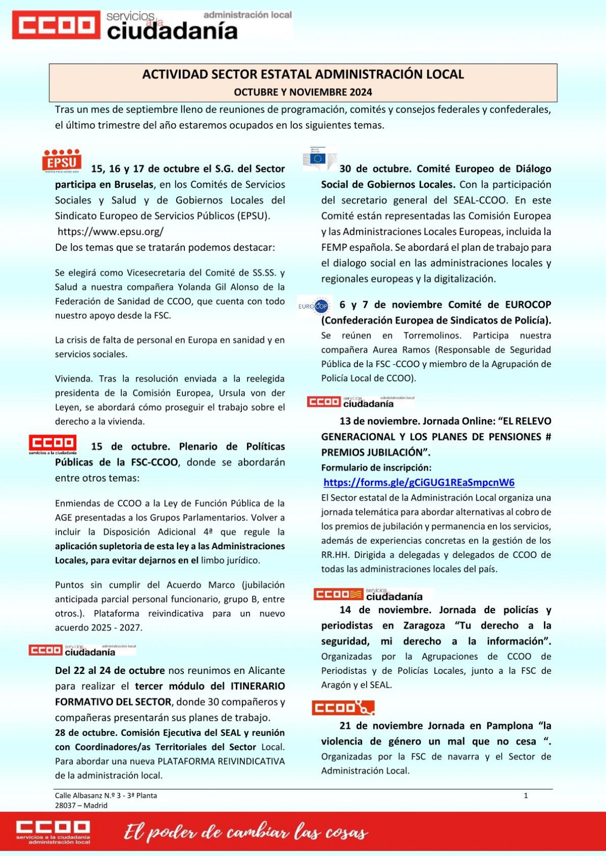 ACTIVIDAD DEL SECTOR ESTATAL DEL LOCAL DE CCOO: OCTUBRE - NOVIEMBRE 2024